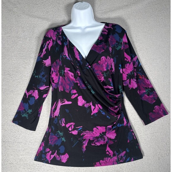 Ann Taylor Top Womens Size L Dark Floral Surplice Faux Wrap Top Whimsigoth Fairy - Picture 1 of 16